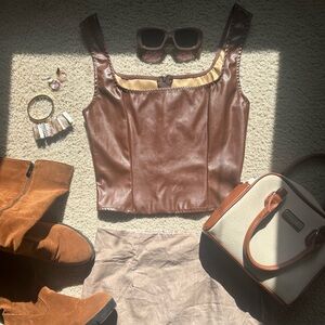 Brown Faux Leather Corset Top